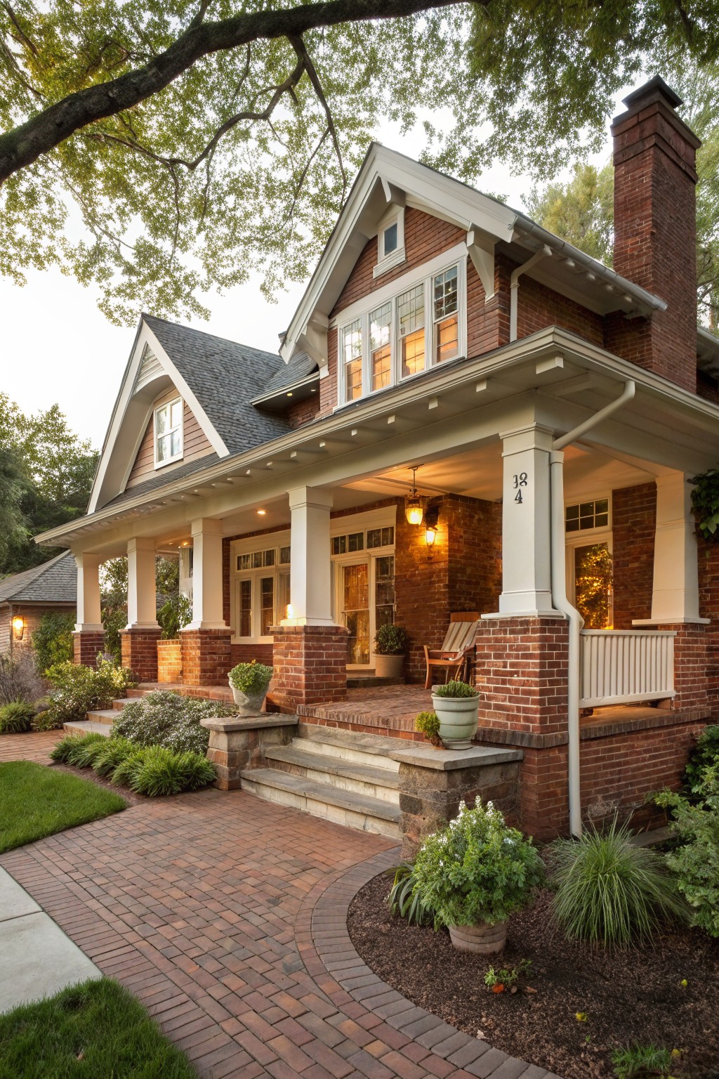 Front exterior of a two-story red brick house with white trim, featuring a large covered porch with tapered columns, lanterns, Adirondack chairs, brick walkway, stone steps, and surrounding landscaping.