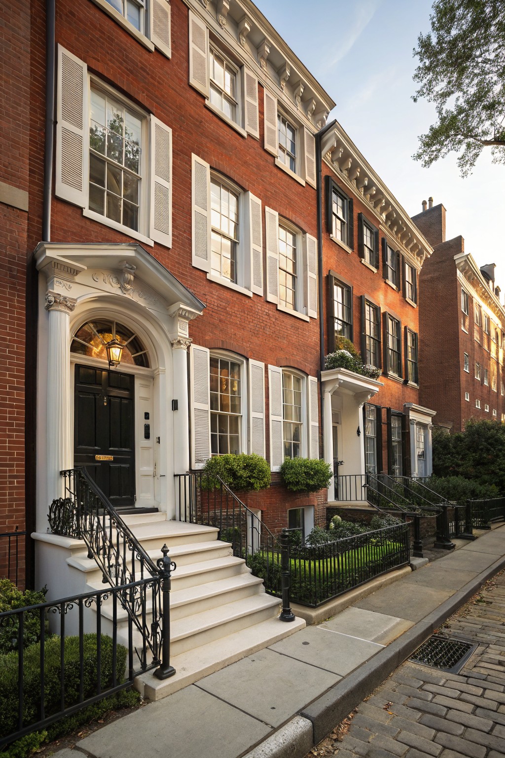 Row of three-story red brick townhouses with white shutters and trim, centered on a white portico with columns, arched doorway, black front door, lantern, and white steps with black iron railings flanked by low hedges.