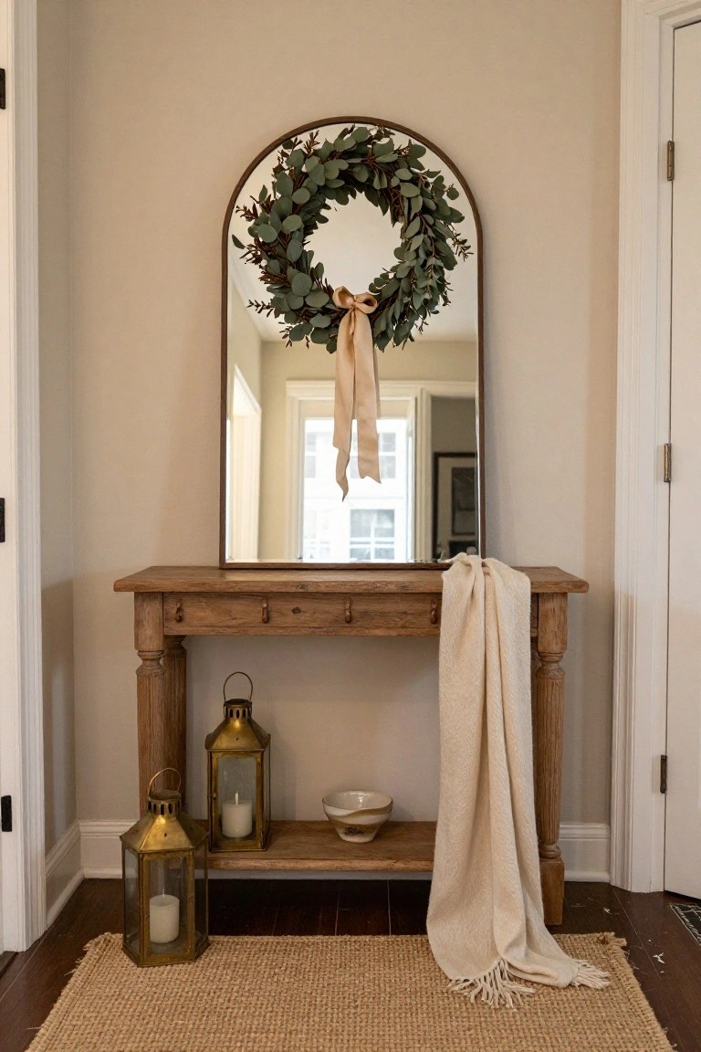 Wooden console table with arched mirror, eucalyptus wreath, lanterns, and throw.