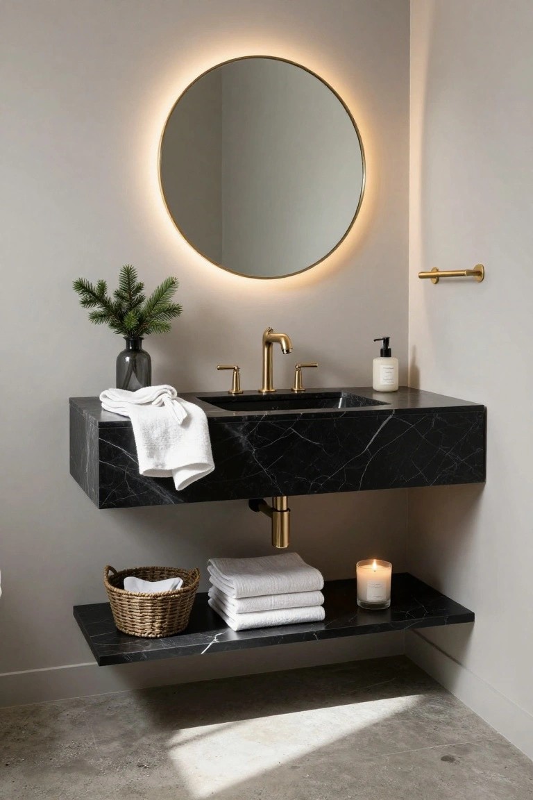Modern bathroom with black marble floating vanity, round backlit mirror, and gold fixtures.