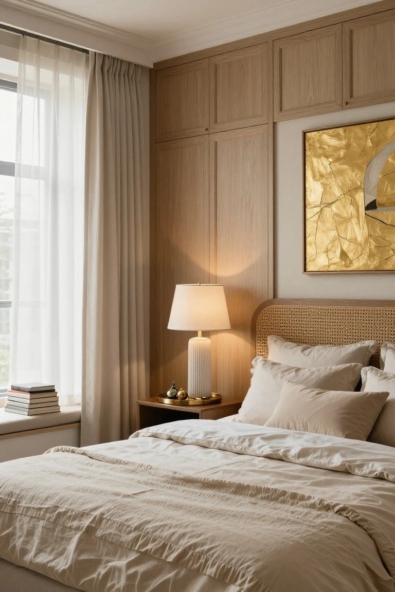 Bedroom interior with rattan headboard bed draped in cream linens, wooden wardrobes along one wall, bedside table with white lamp, stacked books, gold tray holding metallic ornaments, sheer curtains on window, and gold leaf abstract painting above.