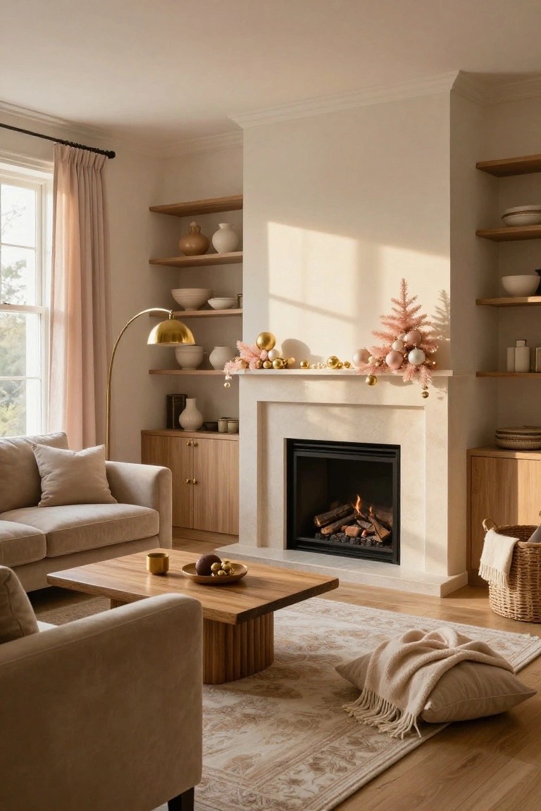 Living room with neutral tones, beige sofa, wooden coffee table, gas fireplace, wooden shelves with ceramics, and mantel decorated with pink mini Christmas tree, pink garland, and gold ornaments.