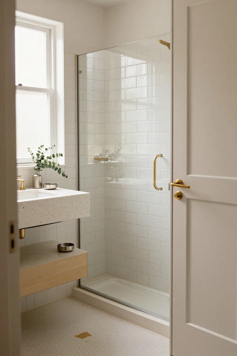 Modern bathroom featuring a floating white terrazzo vanity with brass faucet, eucalyptus in a vase, stainless steel bowls, glass shower with white subway tiles and brass hardware, hardwood cabinet below, and beige door ajar.