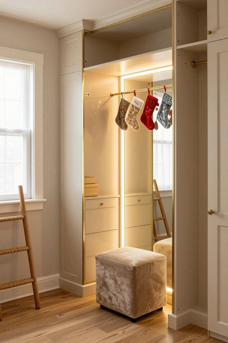 Walk-in closet with open cream wardrobes trimmed in gold, brass rod holding assorted Christmas stockings, mirrored doors with LED lighting, beige ottoman, wooden ladder, and window in beige room with oak floors.