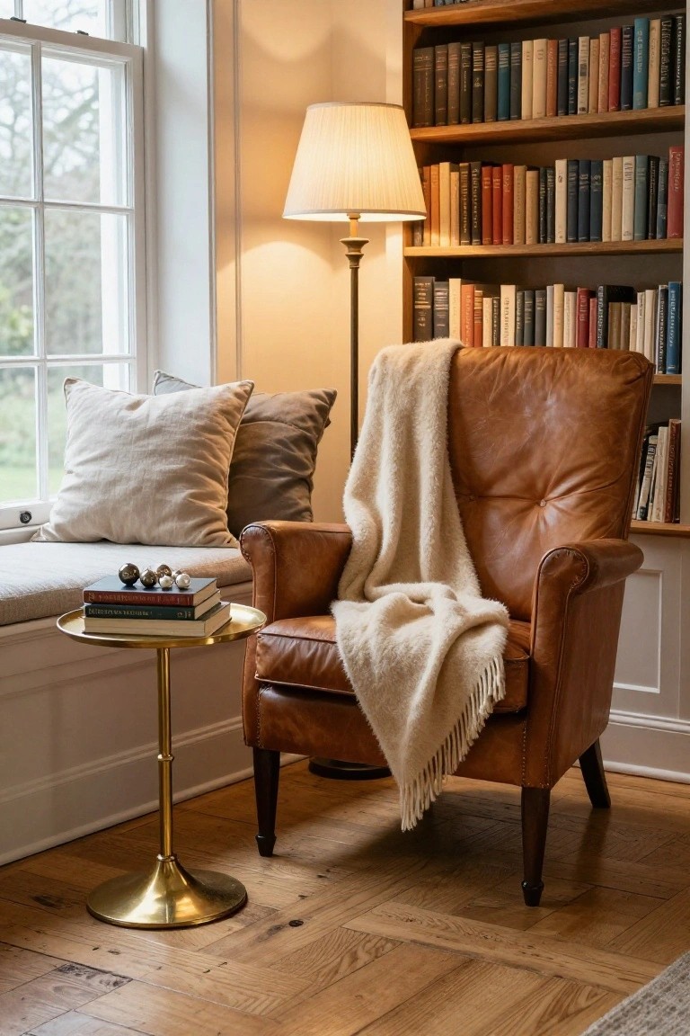 Leather armchair draped with cream throw blanket in a book-lined room corner, next to window seat with cushions, brass side table with books and ornaments, and floor lamp.