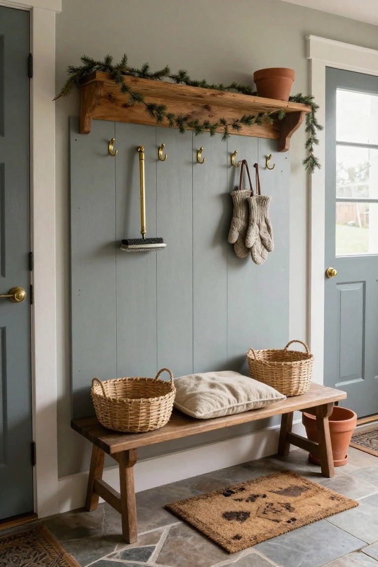 Gray vertical plank wall with wooden shelf draped in pine garland and holding a terracotta pot, brass hooks with leather bag and hanging gloves below, brass-handled broom, wooden bench with cushion and two wicker baskets, potted plant, front door, and woven door mat on slate floor.