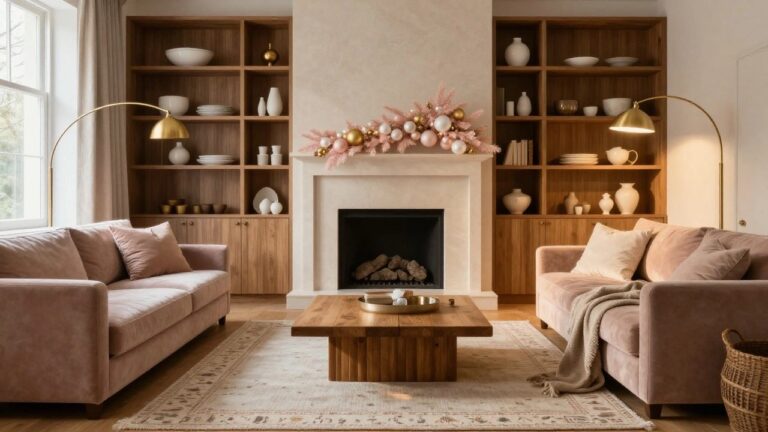 Living room with neutral tones, beige sofa, wooden coffee table, gas fireplace, wooden shelves with ceramics, and mantel decorated with pink mini Christmas tree, pink garland, and gold ornaments.