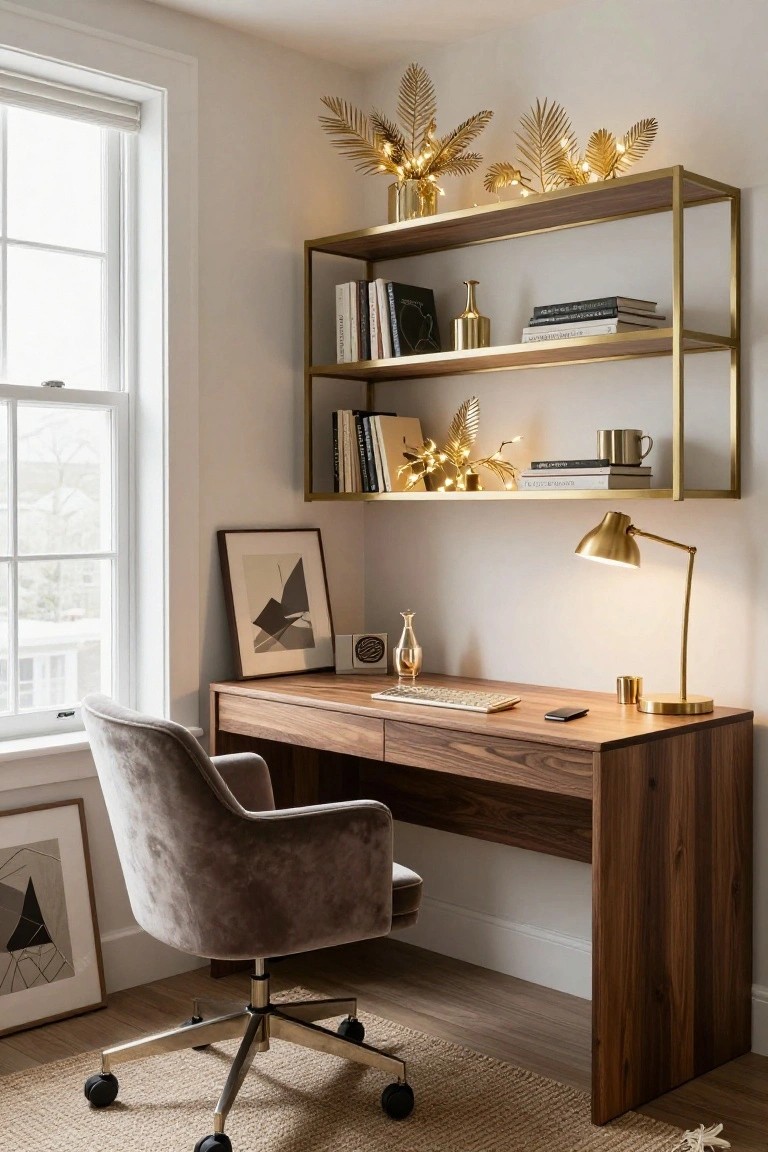 A home office with walnut desk, gray velvet chair on wheels, brass wall shelves holding books, gold vases, lit gold leaf branches, abstract art on walls, gold desk lamp, and window with blinds.