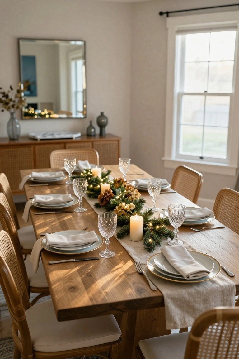 Wooden dining table set for Christmas dinner with a long central garland of greenery, pinecones, berries, candles, and fairy lights, white napkins, gold-rimmed plates, crystal glasses, and rattan chairs.