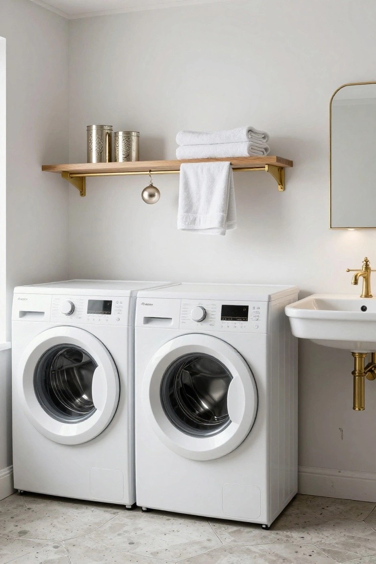 White laundry room featuring two stacked Electrolux washer-dryers, a white utility sink with gold faucet and exposed pipes, wooden wall shelf with gold brackets holding folded white towels and etched metal canisters, gold pendant light, and gold-framed mirror.