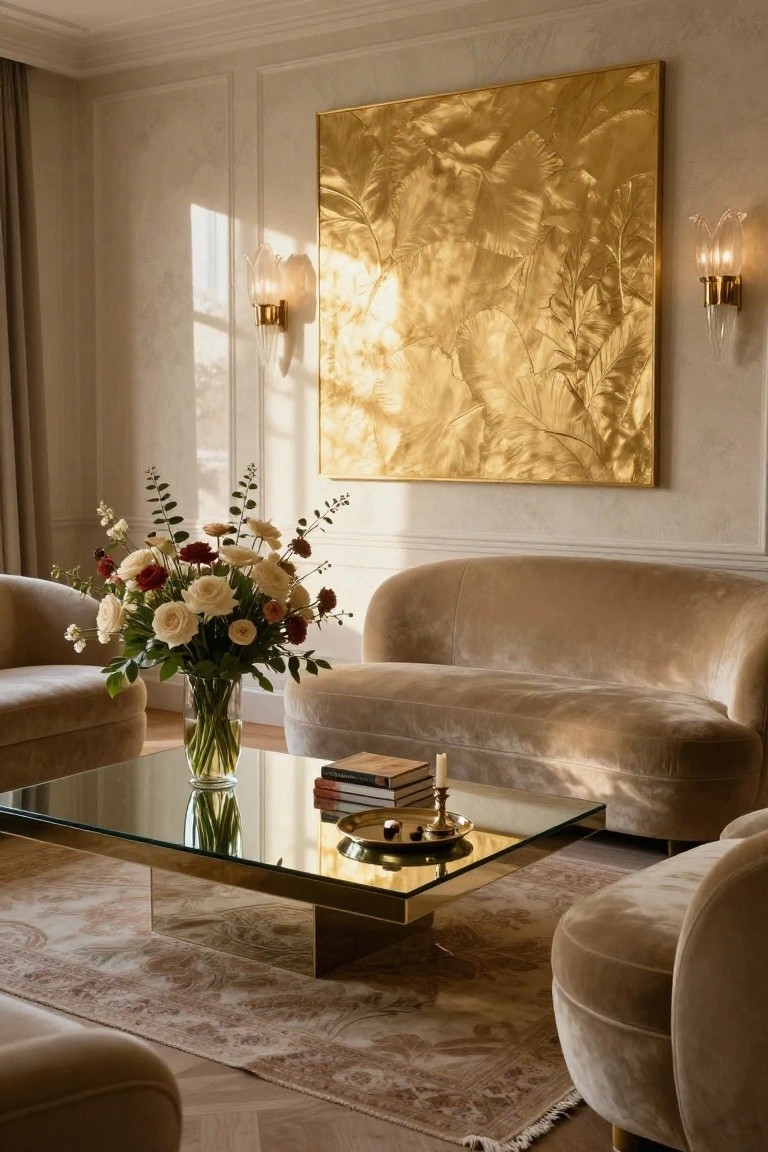 A living room with curved beige velvet sofas around a glass-topped brass coffee table holding books and a candle, a large gold leaf artwork on the wall, wall sconces, and a vase of white and pink roses.