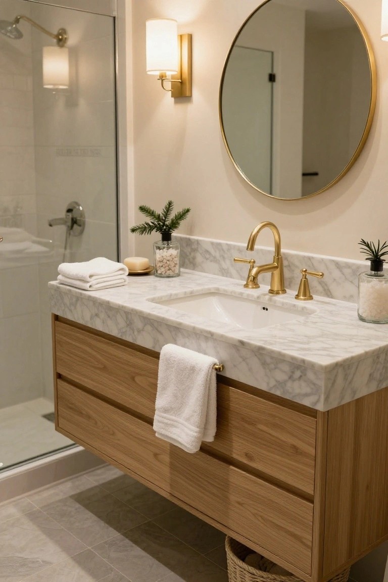 Bathroom vanity with light wood floating cabinet, white marble countertop and sink, gold faucet and handles, folded white towels, soap dish, glass jars with pebbles, potted plants including fir sprig and succulent, large round mirror, and glass shower enclosure.