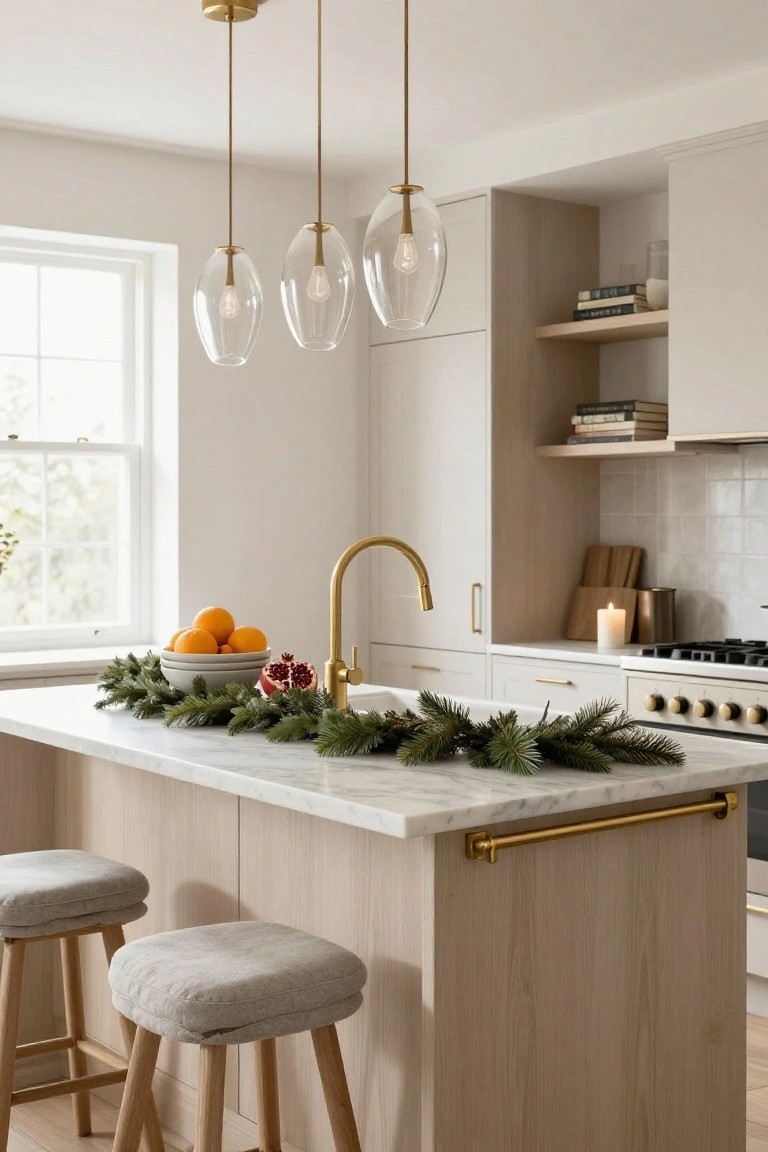 Modern neutral kitchen with white cabinets, gold pendant lights and faucet over a marble island topped with pine garland, oranges in bowls, and pomegranate, flanked by upholstered wood stools.
