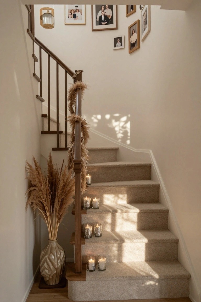 Beige carpeted staircase with dark wood railing wrapped in pampas grass garland, several glass candles on the steps, tall pampas grass in a ceramic vase at the base, family photos on cream walls, and sunlight casting shadows.