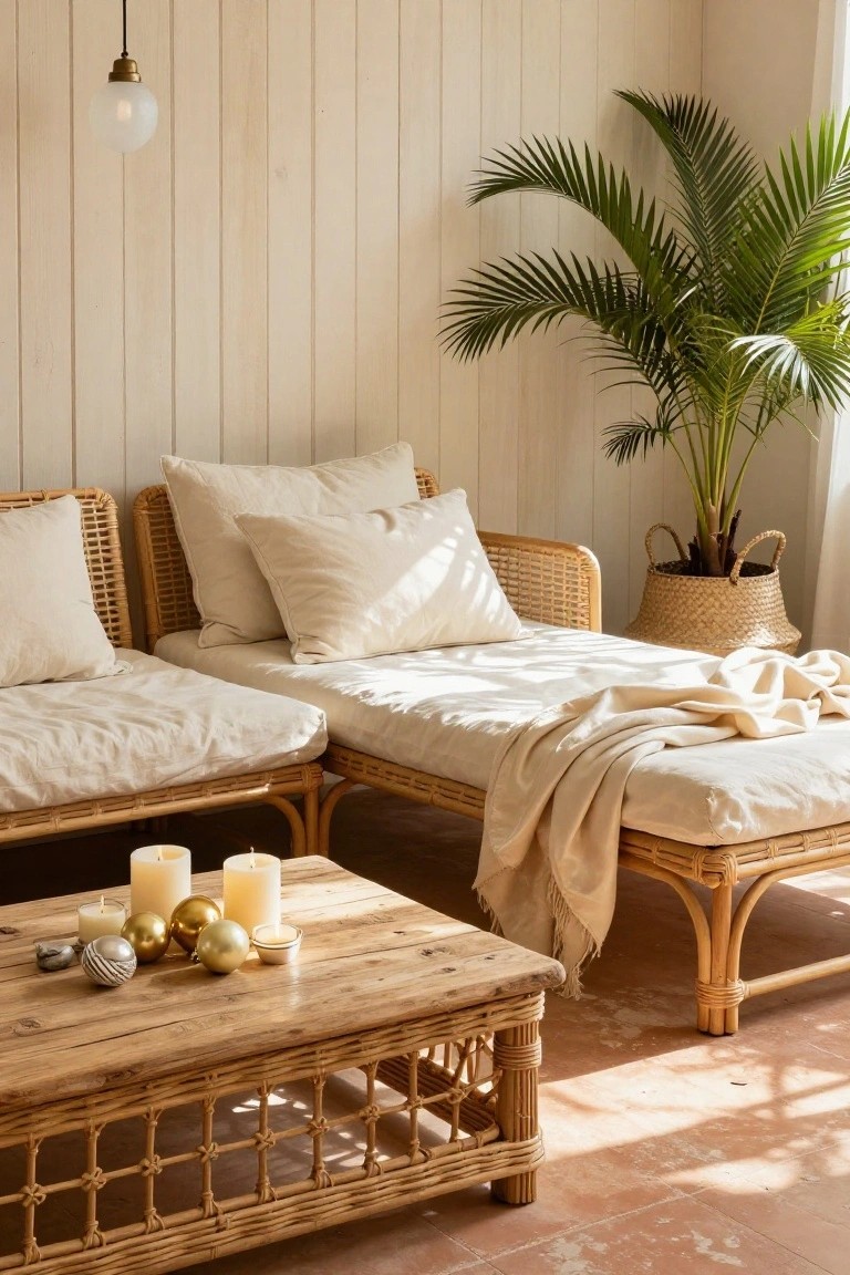 Indoor corner lounge with two adjacent rattan daybeds draped in white linens and throws, a rattan and wood coffee table topped with gold baubles, white candles, and decorative spheres, a large potted palm plant, and white wood-paneled walls.