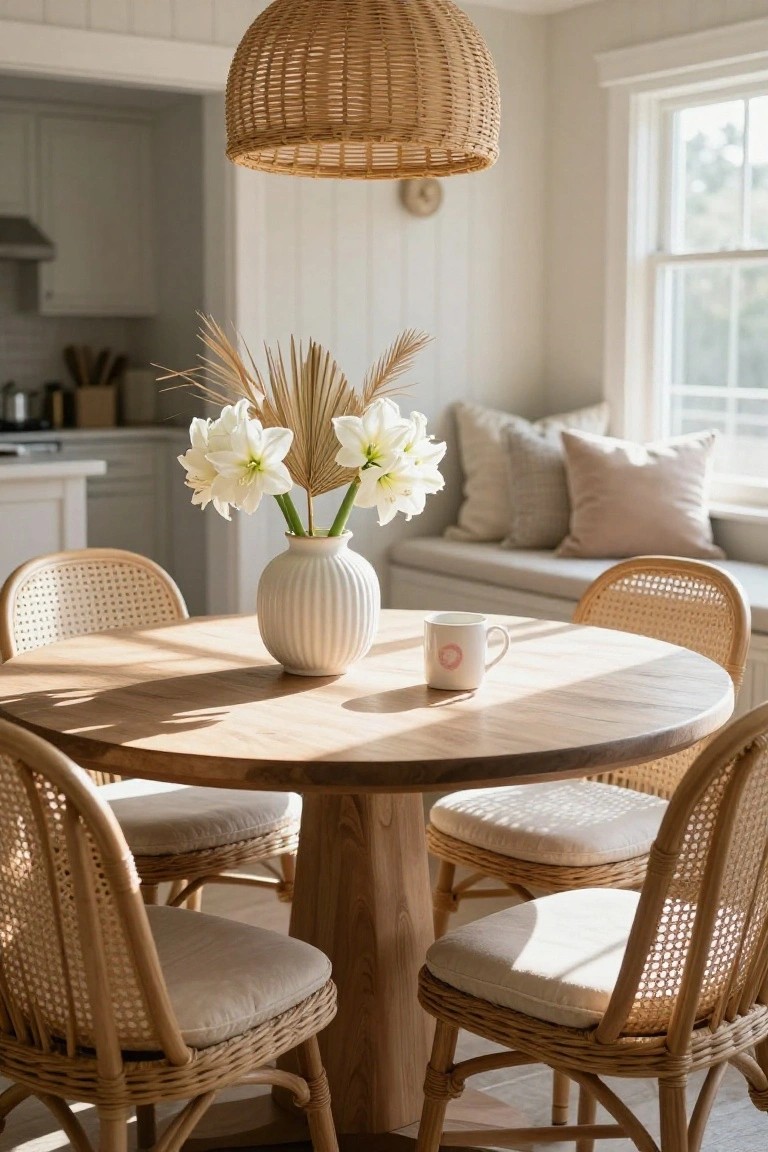 Round natural wood dining table with four rattan chairs cushioned in beige fabric, a white ridged vase holding white lilies and pampas grass, and a white mug on the table, in a light interior with white walls, window seat, and rattan pendant light.