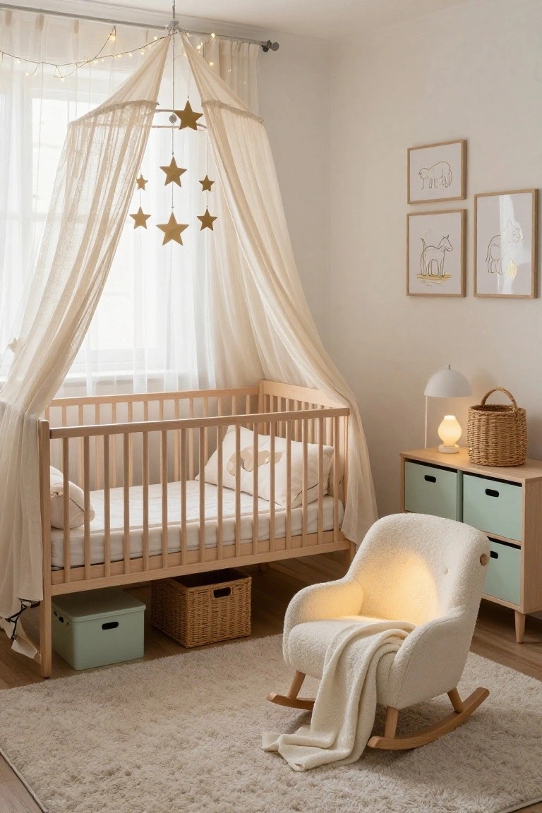 A light nursery room with a wooden crib under a sheer white canopy and golden star mobile, a cream rocking chair with blanket, green dresser, lamps, and wicker baskets on a beige rug.
