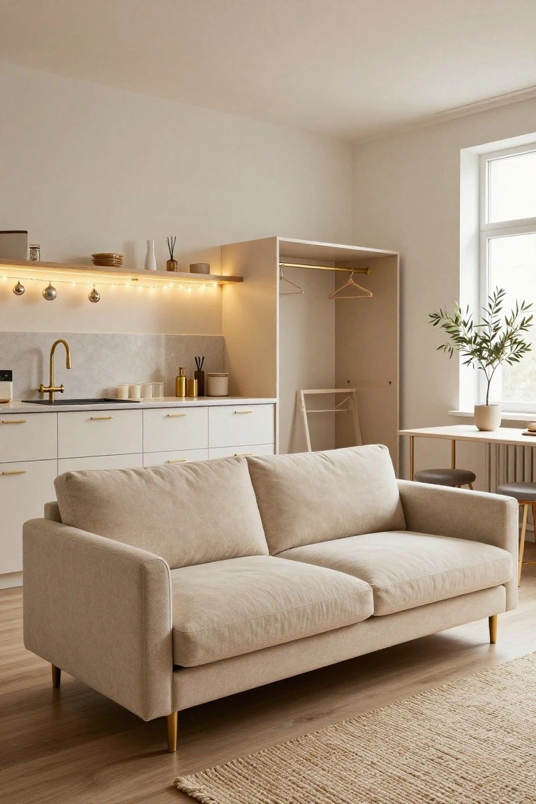 Light beige living room-kitchen with plush sofa on wood floors, white cabinets, gold faucet, open wardrobe, small dining table, potted olive tree, and warm string lights with dangling gold ornaments on shelves above the sink.