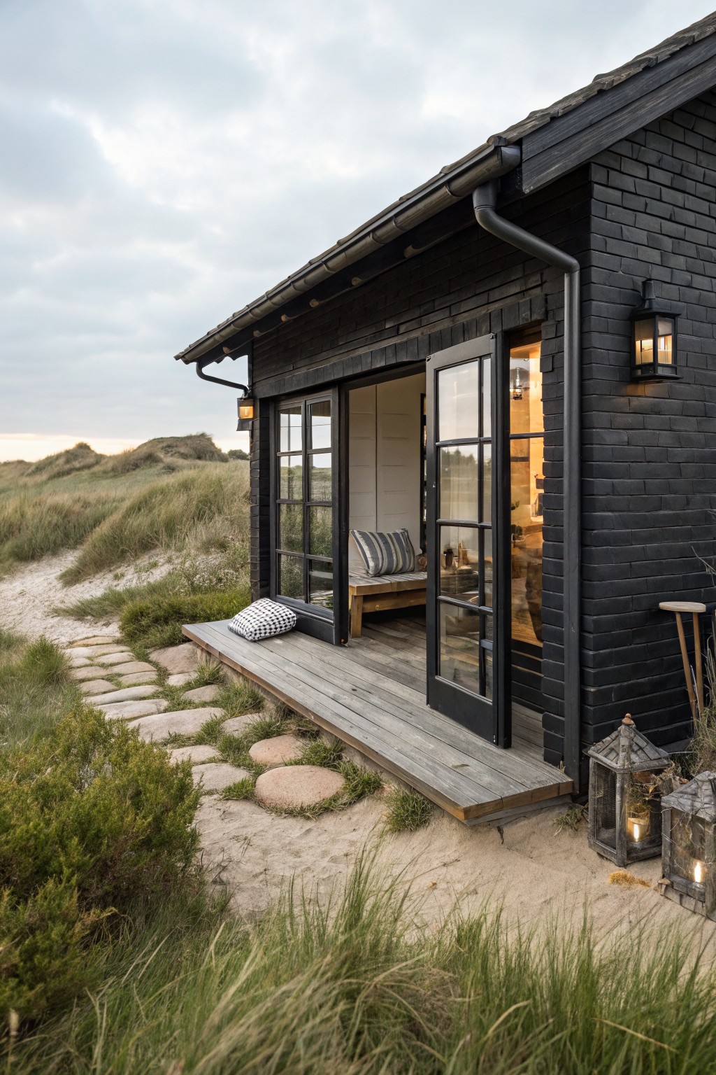 Small black brick cabin with open glass sliding doors to a wooden deck, stone path leading up, surrounded by sand dunes, beach grass, and lanterns.