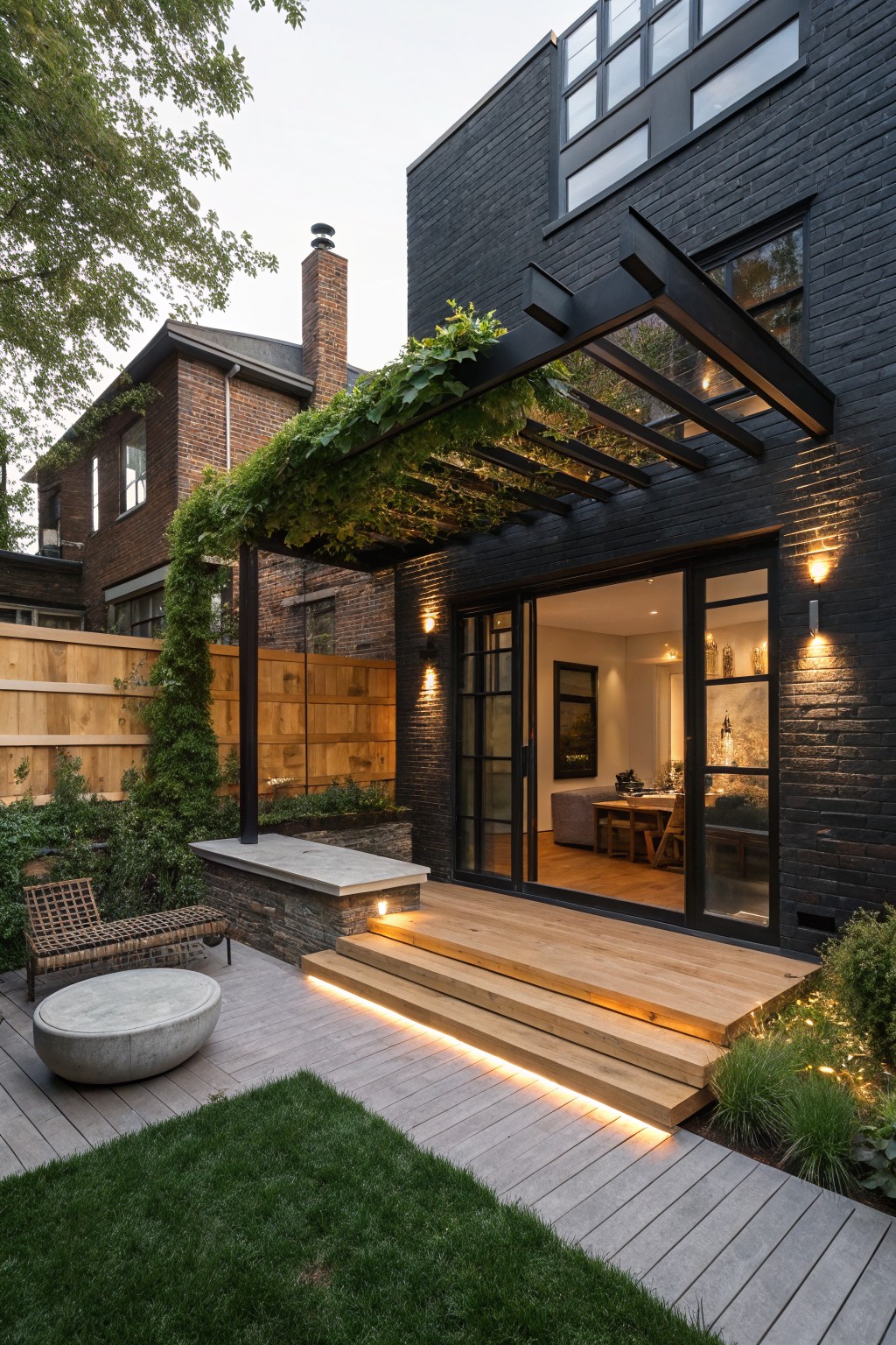 Rear exterior of black brick house with vine-draped black steel pergola over wooden deck steps and open sliding glass doors revealing interior dining area, patio furniture nearby, and garden landscaping.