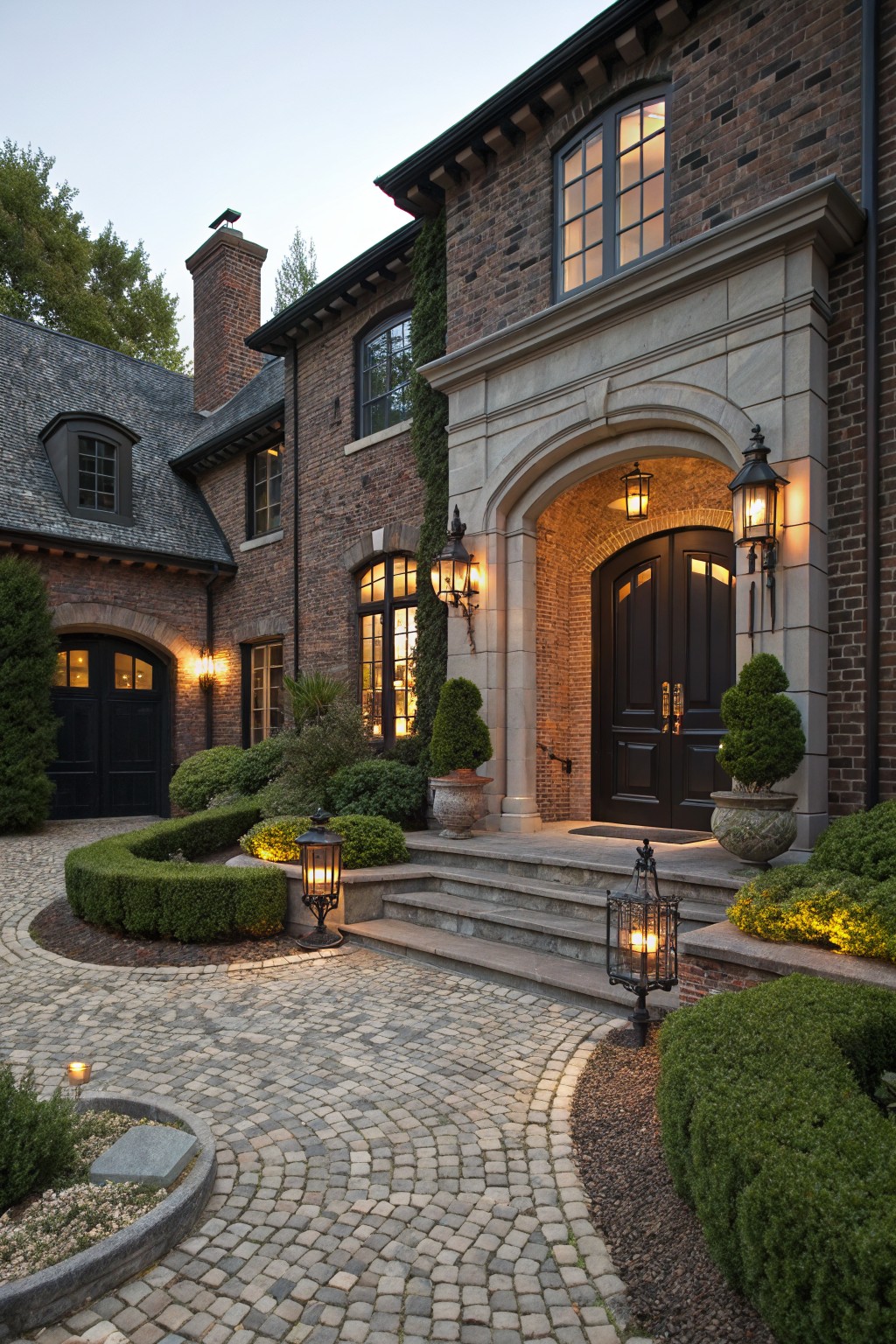 Two-story house exterior with dark brick walls, light stone arched entryway with double doors, wall lanterns, curved cobblestone driveway edged in shrubs, and potted plants at dusk.