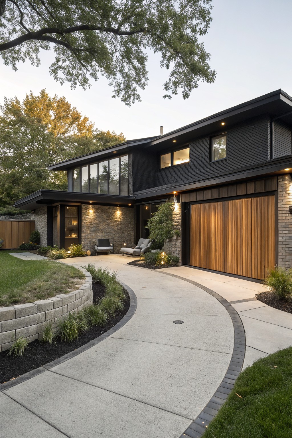 Modern two-story house with black siding and brick accents, tall vertical wood slat garage door, curved concrete driveway, retaining wall with plants, outdoor seating area, and surrounding trees at dusk.
