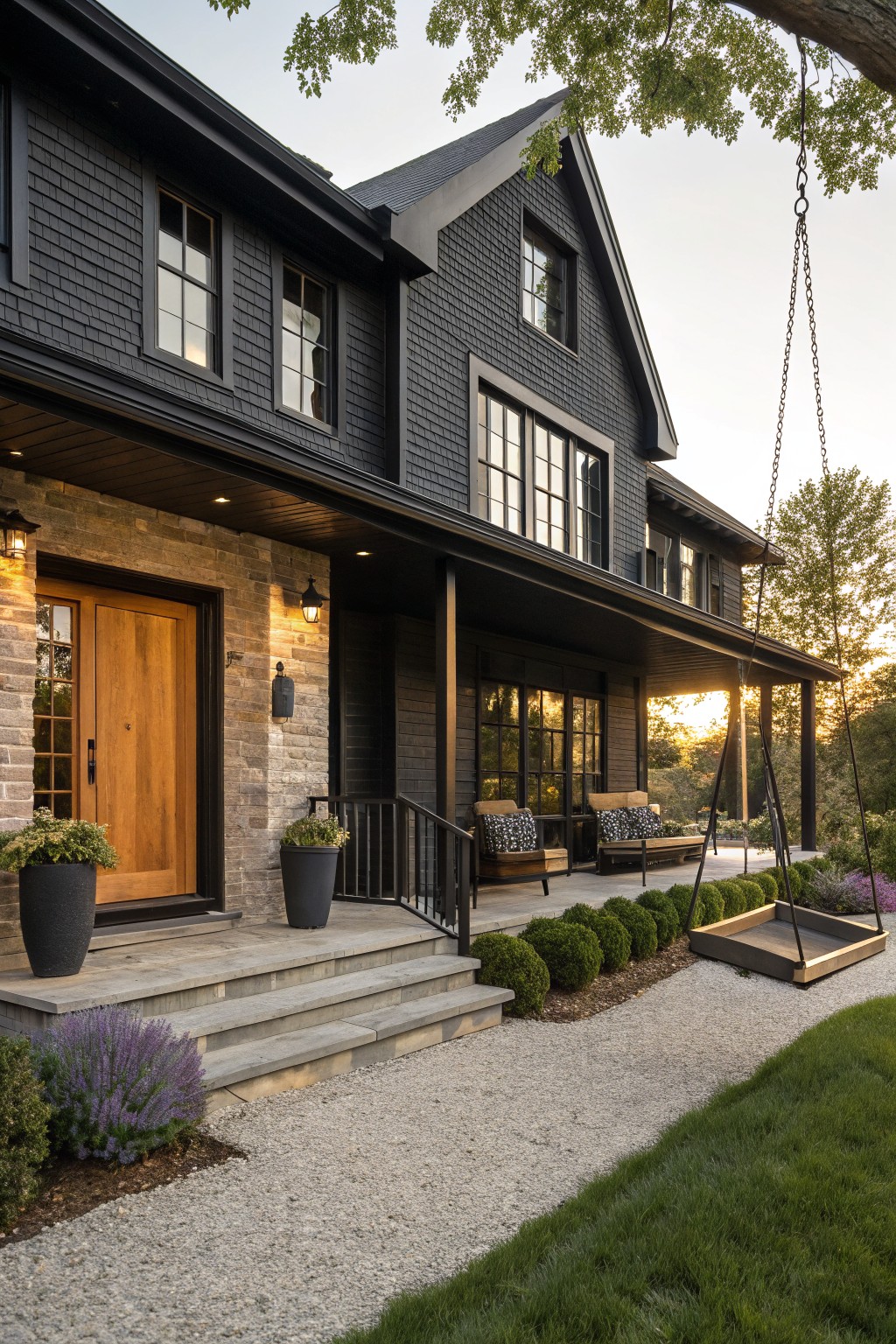 Two-story black brick house exterior with wooden double front doors, stone entry surround, covered porch with seating and hanging swing, gravel path, and low plantings.