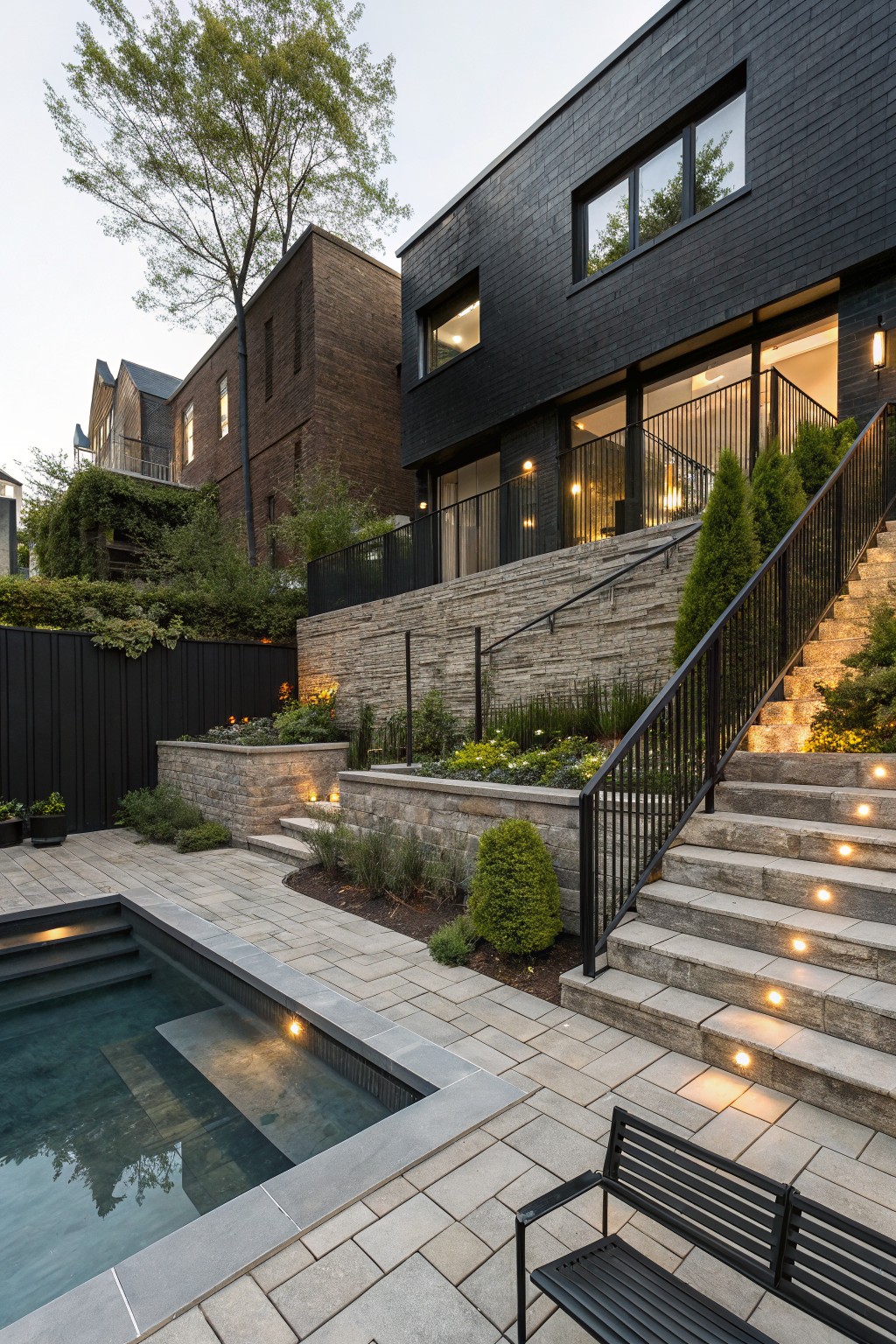 Rear view of a two-story modern house with black brick upper facade and large windows on a sloped backyard, featuring light stone retaining walls, black metal rail stairs with LED lights leading down to a small rectangular pool, surrounded by landscaping and neighboring brick buildings.