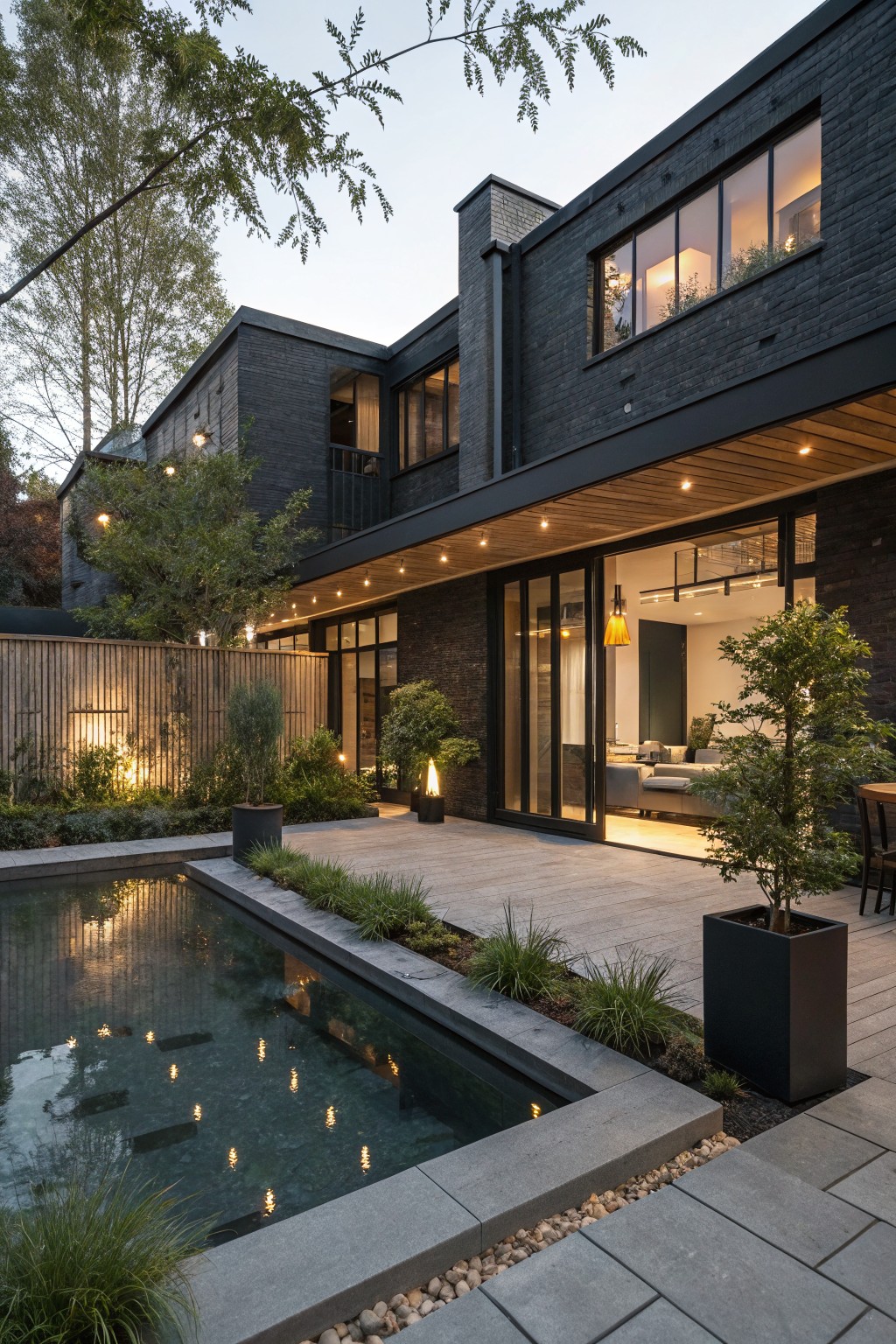 Rear view of a modern two-story house with black brick walls, large open sliding glass doors leading to a stone patio and rectangular reflecting pool edged in plants and lights at dusk.