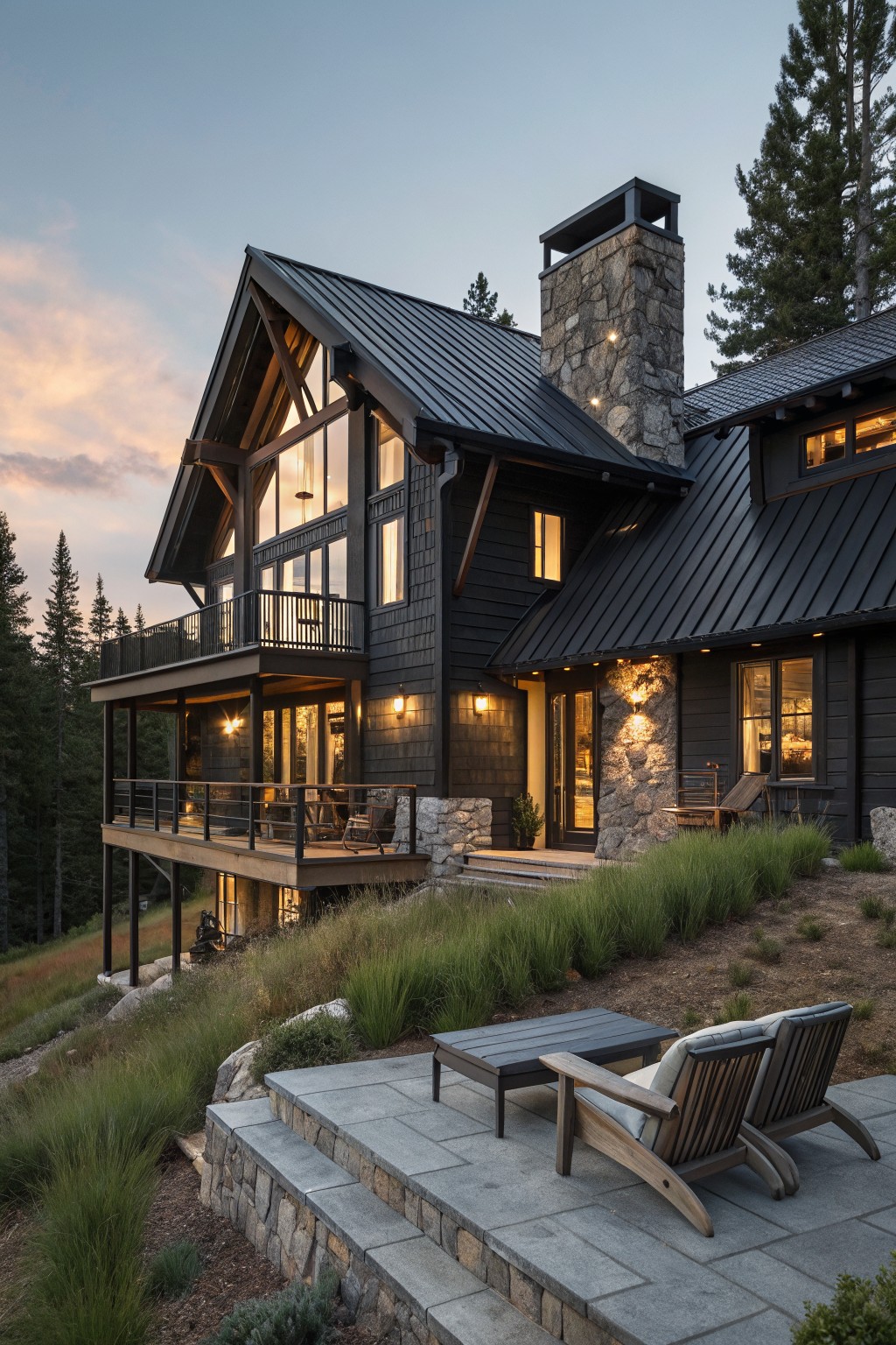 Two-story house with black shingle siding, dark metal gabled roof, tall stone chimney, large multi-pane windows, second-floor balcony, and stone patio with chairs at the base on a grassy slope amid pine trees at dusk.