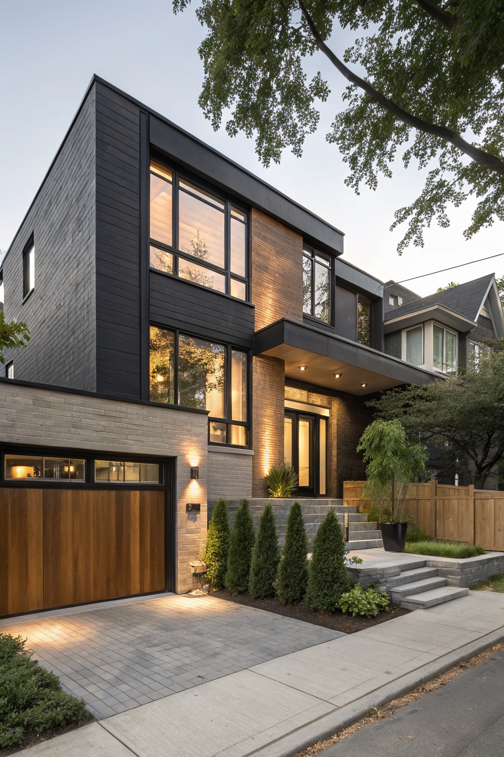 Two-story modern house exterior featuring black vertical siding on upper facade, light beige brick base, wooden garage door, glass entry door with steps, low shrubs, and paved driveway beside a street.