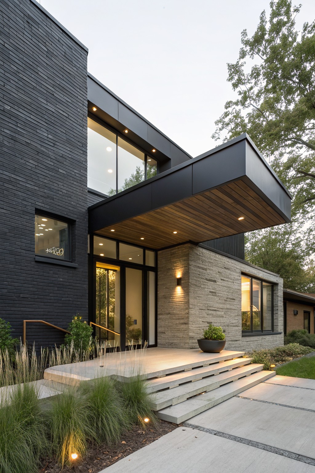 Modern black brick house exterior with cantilevered metal canopy featuring wood slat ceiling over glass entry door, concrete steps, stone wall accents, grasses, and path lighting.