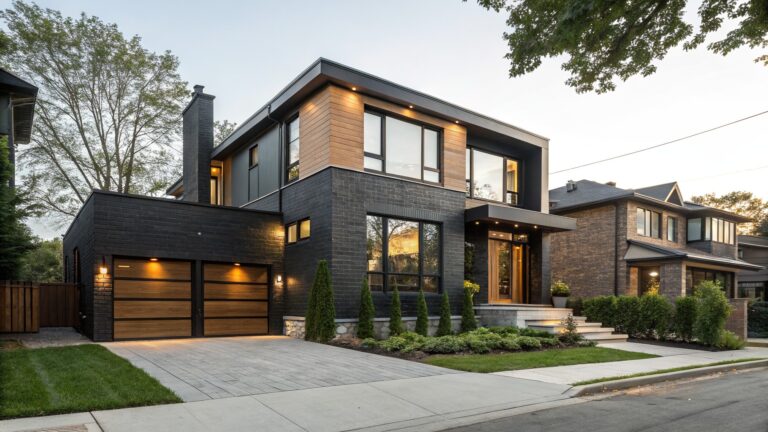 Two-story modern house exterior featuring black vertical siding on upper facade, light beige brick base, wooden garage door, glass entry door with steps, low shrubs, and paved driveway beside a street.