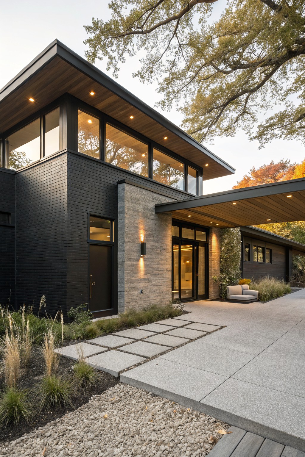 Modern two-story house exterior with black brick walls, cantilevered wooden entry canopy, large glass windows, stone accents, and landscaped entry with ornamental grasses and gravel ground cover.