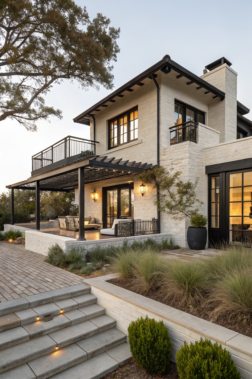 Two-story house exterior featuring white brick walls, black window frames, black metal balcony railing and pergola-covered patio, stone steps with lighting, and surrounding low grasses and shrubs.