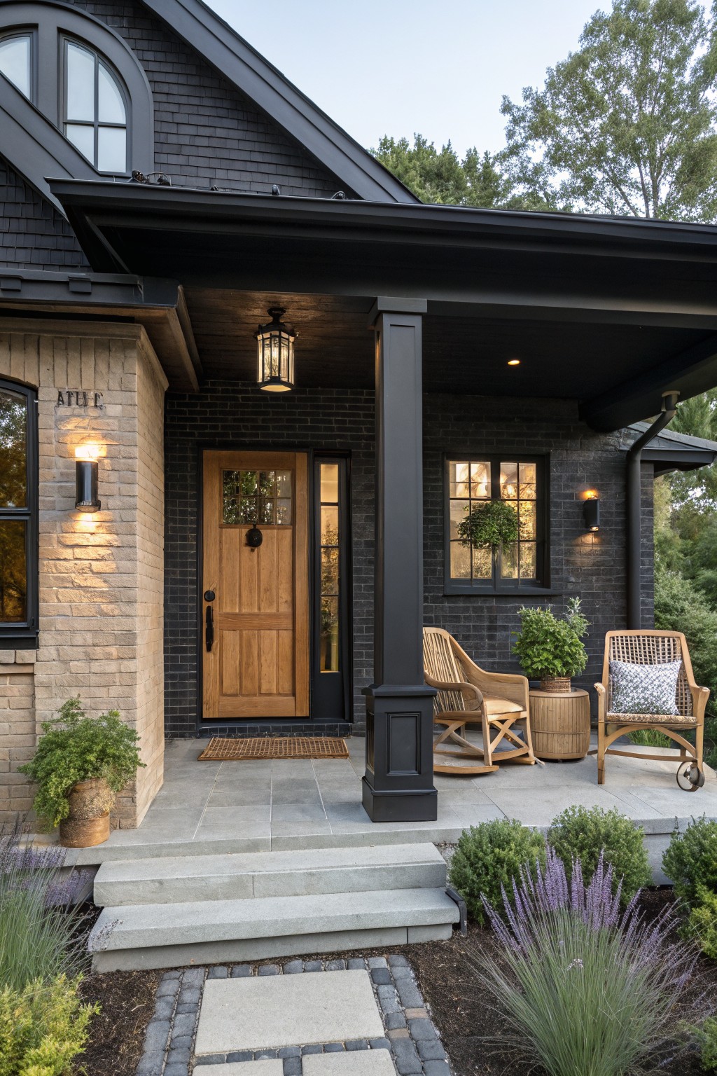 Front exterior of a black brick house with beige brick accents, wooden front door under a covered porch supported by columns, rattan chairs on the porch, stone steps, and low plants including lavender in the yard.