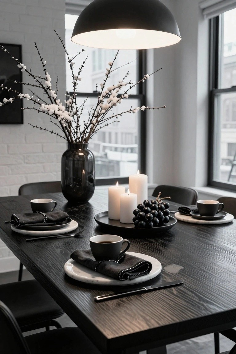 Black wood dining table set with white plates, black napkins, black and white coffee cups, white candles, black grapes on a plate, and white branches in a black vase, in a room with white brick walls and large windows.