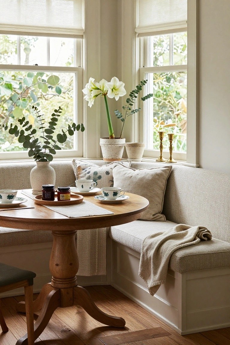 Cozy interior breakfast nook featuring a round wooden pedestal table with tea cups, saucers, jam jars, and a runner, built-in beige bench seating with pillows and throw, eucalyptus and white amaryllis plants in vases on windowsills, and sheer shades on tall windows overlooking greenery.
