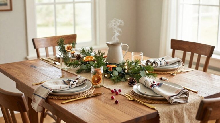 19 Christmas Breakfast Table Decor Ideas That Start the Day Cheerfully Wooden dining table set for Christmas breakfast with seagrass placemats, white plates, plaid and white napkins tied with greenery, gold flatware, and a long centerpiece of pine branches, dried orange slices, cranberries, pinecones, jars, and fairy lights.