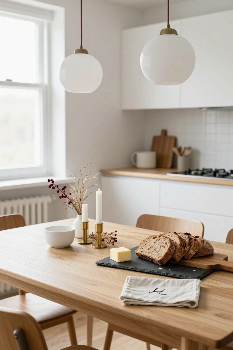 Wooden dining table in a white kitchen with sliced bread on a wooden board, butter on a slate tray, gold candle holders with white candles and red berries, a white bowl, linen napkin, oak chairs, and globe pendant lights overhead.