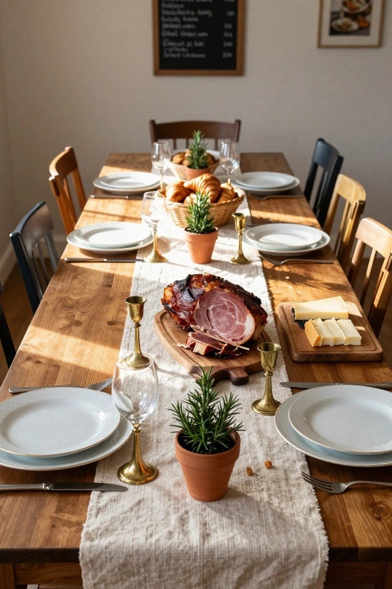 Wooden dining table set for Christmas breakfast with sliced glazed ham on a cutting board at center, basket of croissants, cheese board, potted rosemary plants, gold candlesticks, white plates, wine glasses, and chairs around.