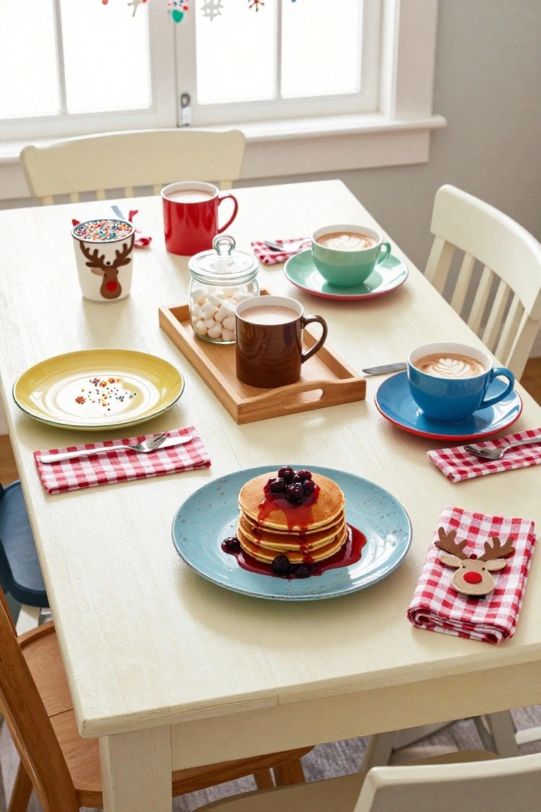 Wooden dining table set for Christmas breakfast featuring colorful mugs of hot drinks including a reindeer mug with sprinkles, stack of pancakes with blueberries and syrup on a blue plate, checkered napkins with reindeer appliques, and various saucers and plates.