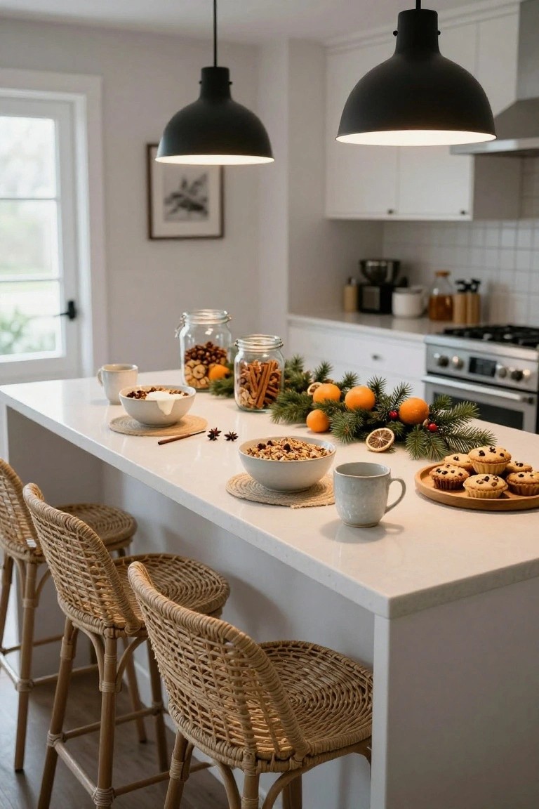 White kitchen island topped with bowls of granola and yogurt, jars of nuts and cinnamon sticks, oranges, pine branches, and a plate of muffins on a wooden board, with rattan bar stools nearby.