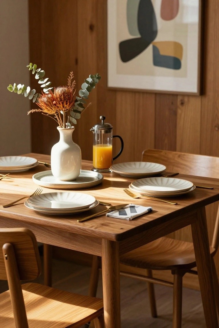 Wooden dining table with matching chairs in a wood-paneled room, set with stacked white scalloped plates, gold flatware, underplates, a white vase of dried orange protea and green eucalyptus flowers, glass French press with orange juice, and a napkin.
