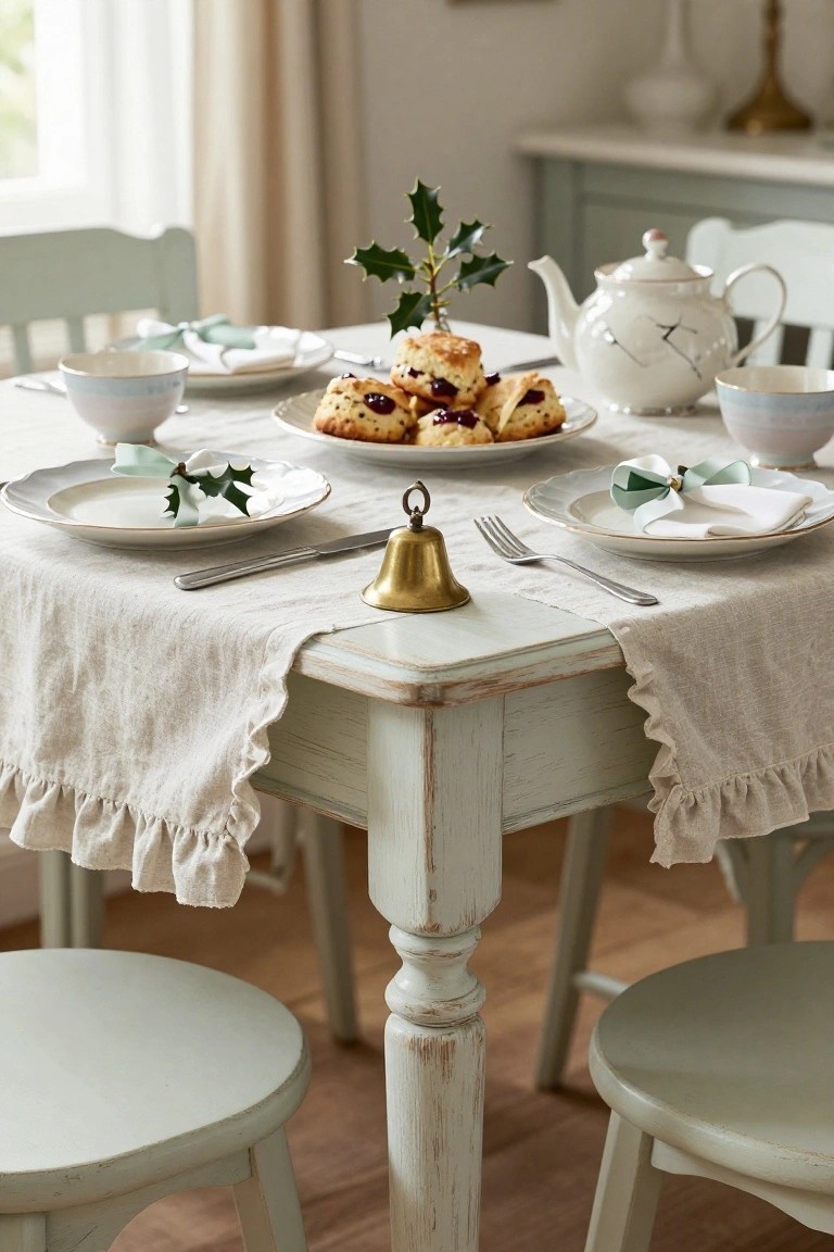 Square pale green distressed wooden table set for Christmas breakfast with berry scones on a white plate, holly sprigs on plates and napkins, white teapot, porcelain cups, brass bell, and green upholstered chairs around it in a bright room.
