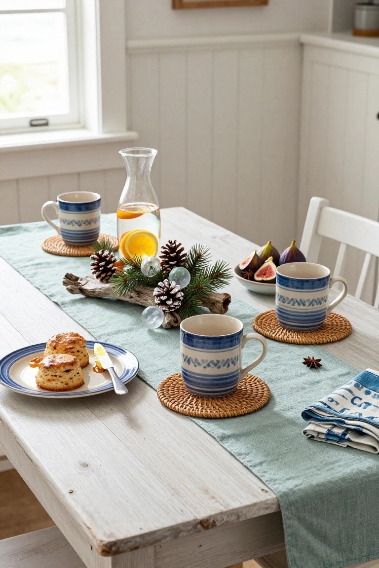 Close-up of a white wooden dining table set for breakfast with blue patterned mugs, scones on a blue plate, a glass pitcher of lemon water, woven coasters, and a centerpiece of driftwood branches with pinecones, oranges, figs, and greenery on a green runner.