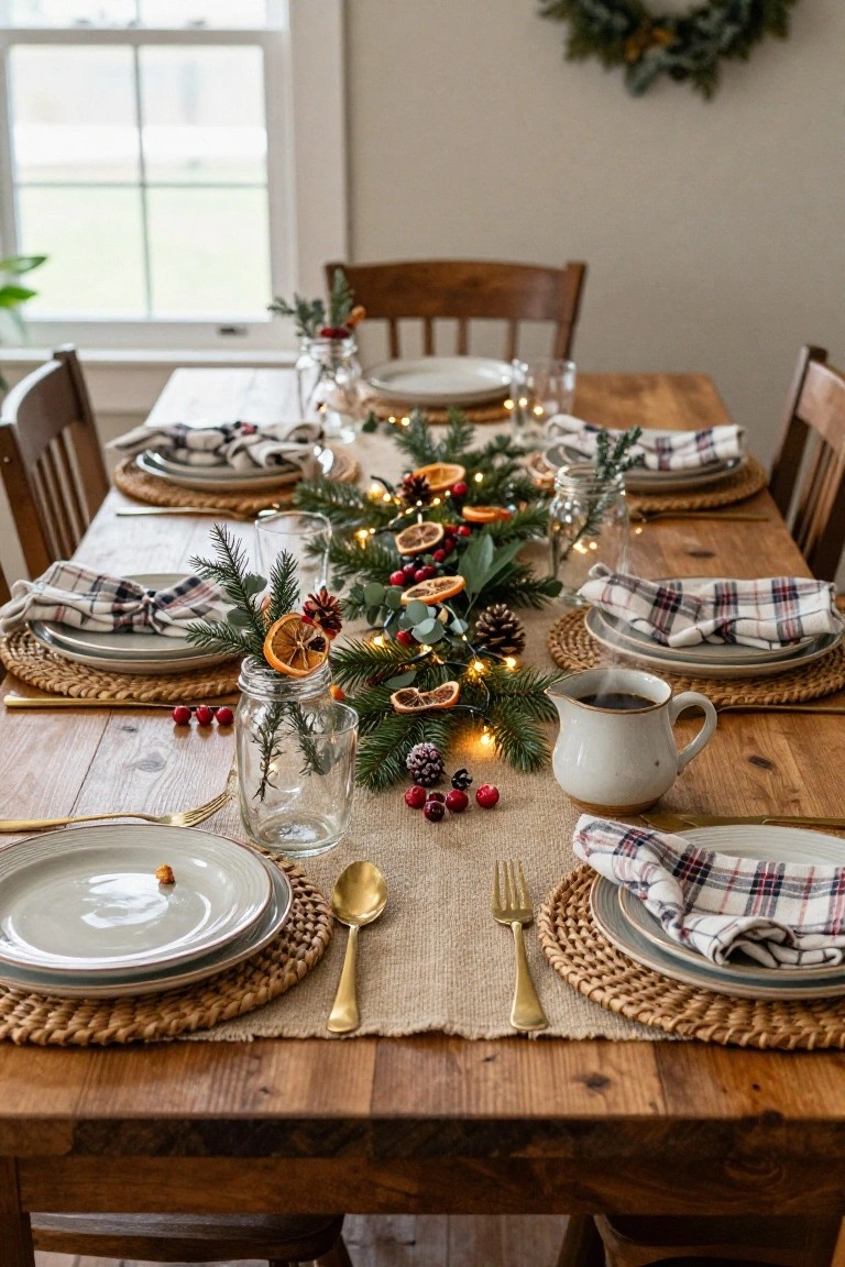 Wooden dining table set for Christmas breakfast with seagrass placemats, white plates, plaid and white napkins tied with greenery, gold flatware, and a long centerpiece of pine branches, dried orange slices, cranberries, pinecones, jars, and fairy lights.