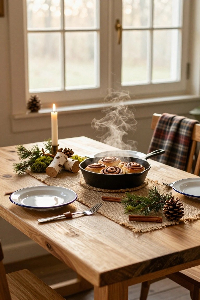 Wooden dining table with cast iron skillet of cinnamon rolls as centerpiece, surrounded by pine branches, birch logs, candles, cinnamon sticks on burlap placemat, white plates, forks, plaid chair, window with outdoor view in background.