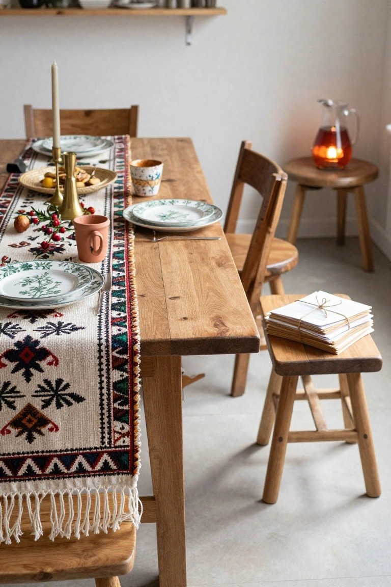 Wooden dining table with multicolored ethnic-patterned runner, set with white plates featuring green motifs, candles, fruits, berries, and small pots, surrounded by wooden chairs in a bright room.