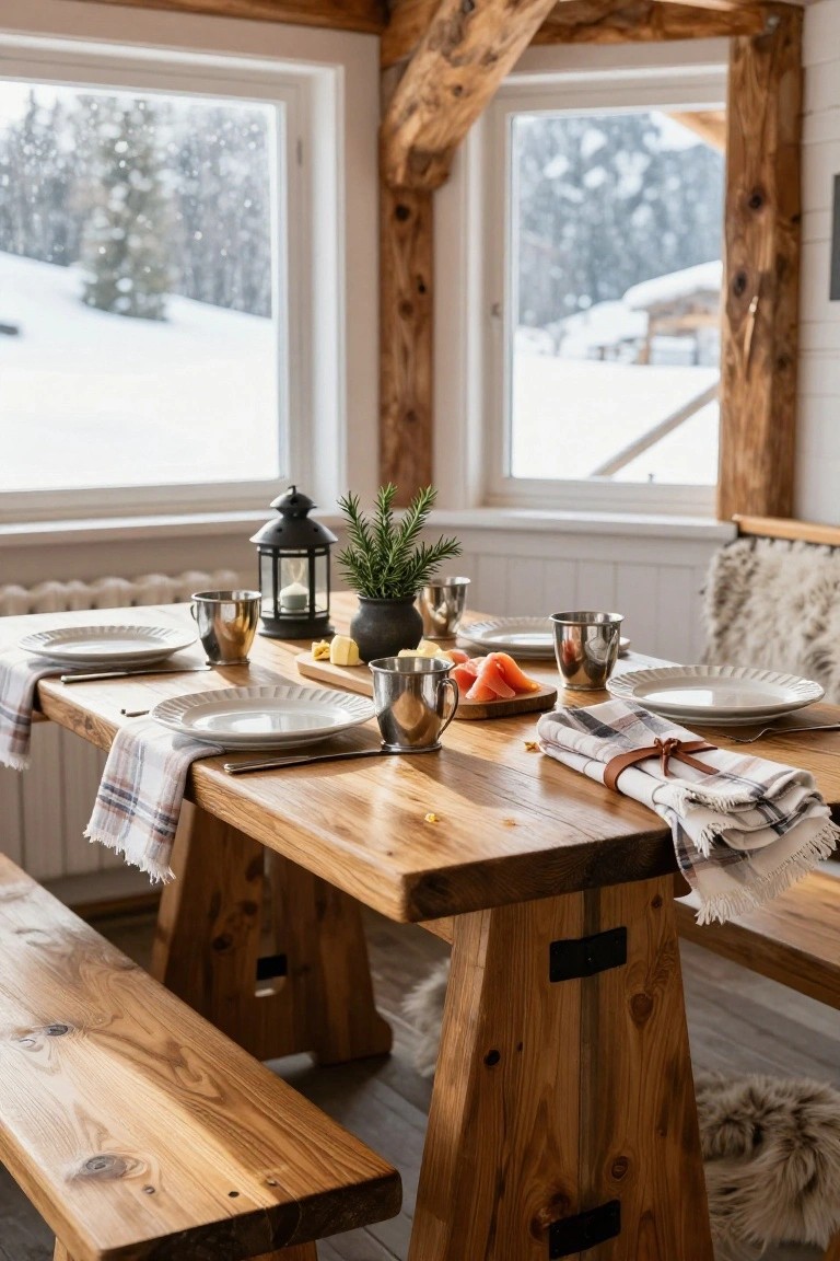 Wooden farmhouse-style dining table and benches in a log cabin interior, set with white plates, plaid napkins tied with leather, metal cups, cheese board with yellow cheese and pink salmon, rosemary plant in lantern, and snowy mountain view through large windows.